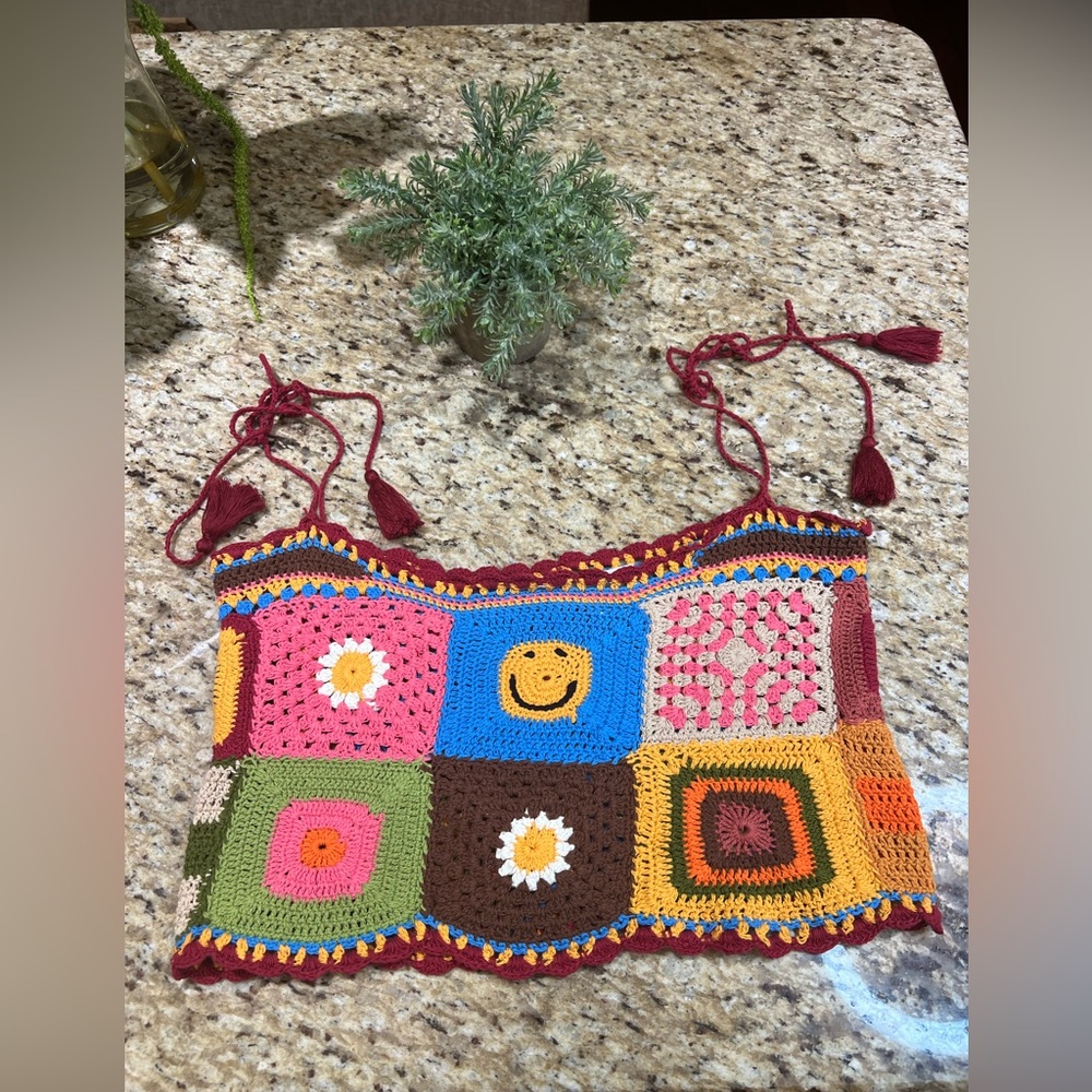 Earthbound Crochet Cotton Knit Multicolored Square Crop Top Small